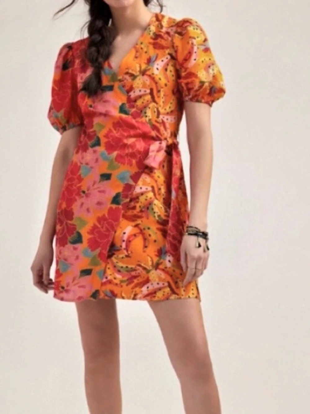 Farm Rio for Anthropologie Marbella Wrap Mini Dress Floral Orange & Pink Large
